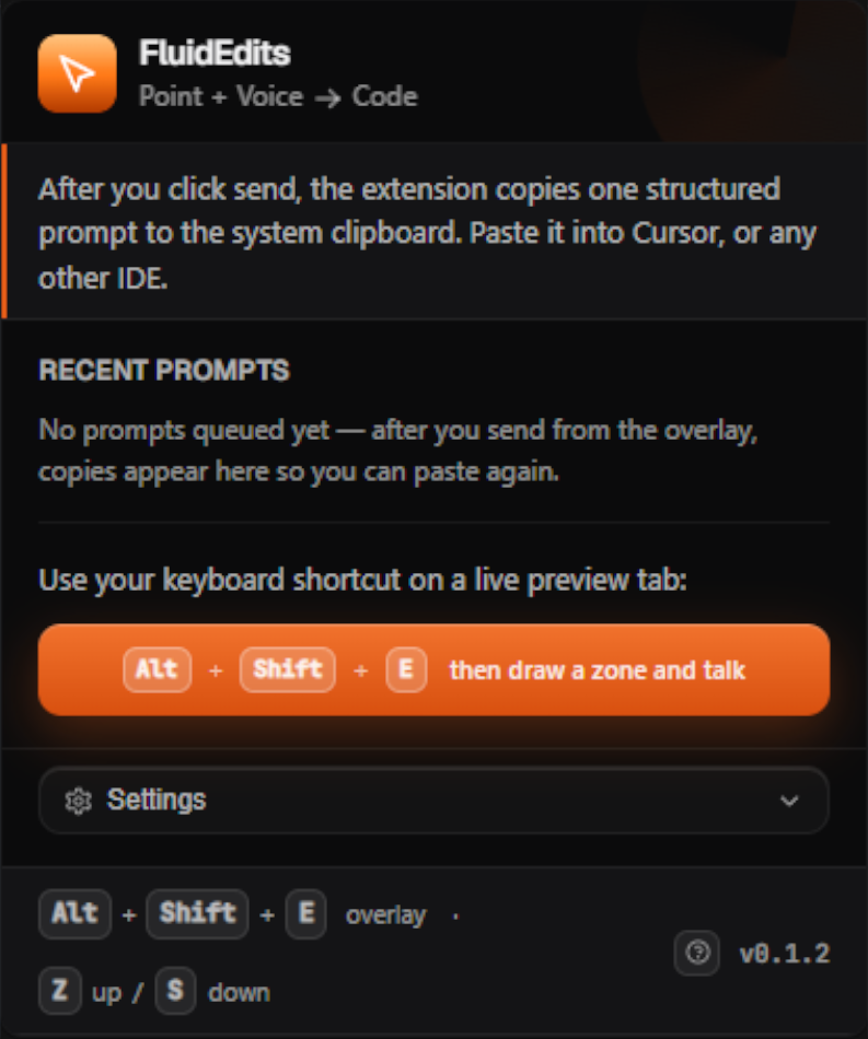 FluidEdits extension popup: Active toggle, pending count, Save settings, pending queue with edit cards and Clear all, and Alt+Shift+E shortcut.